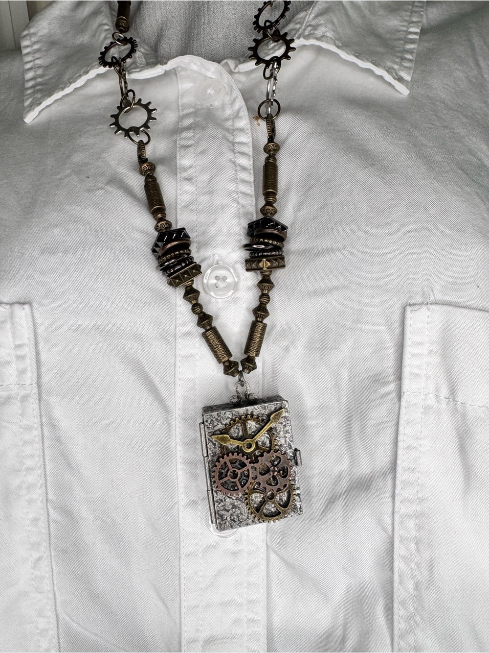 Handcrafted Steampunk Gear Locket Necklace in Mixed Metal Tones
